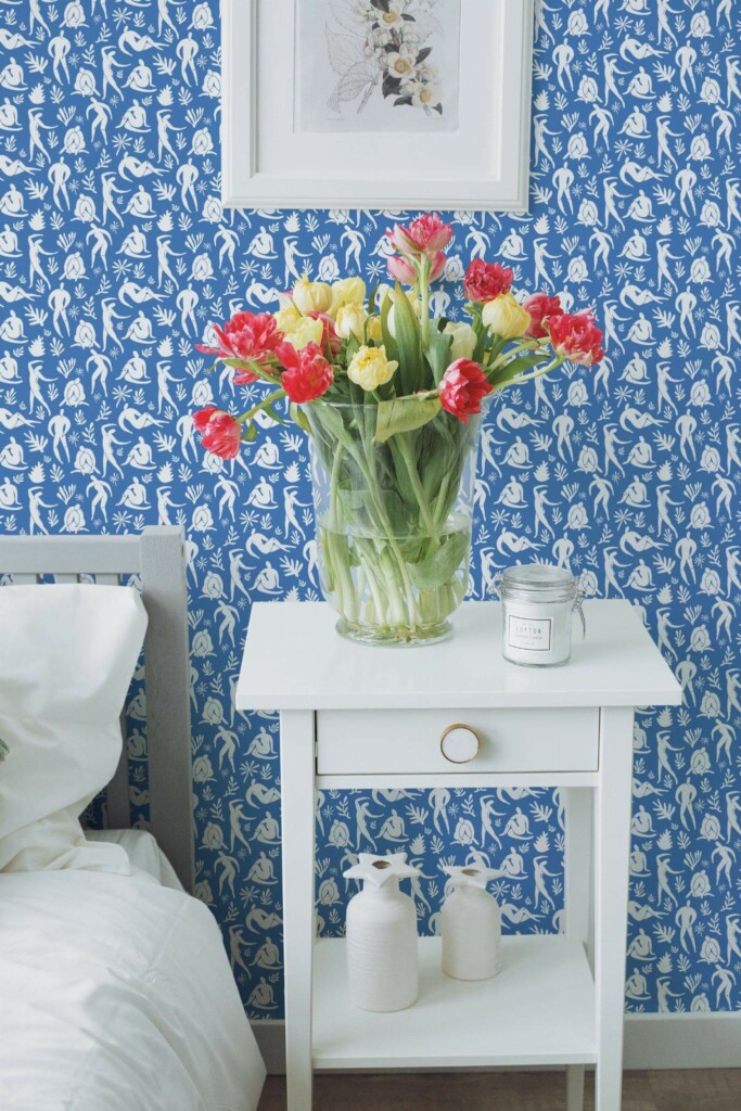 Farmhouse style bedroom decorated with Blue body shape peel and stick wallpaper