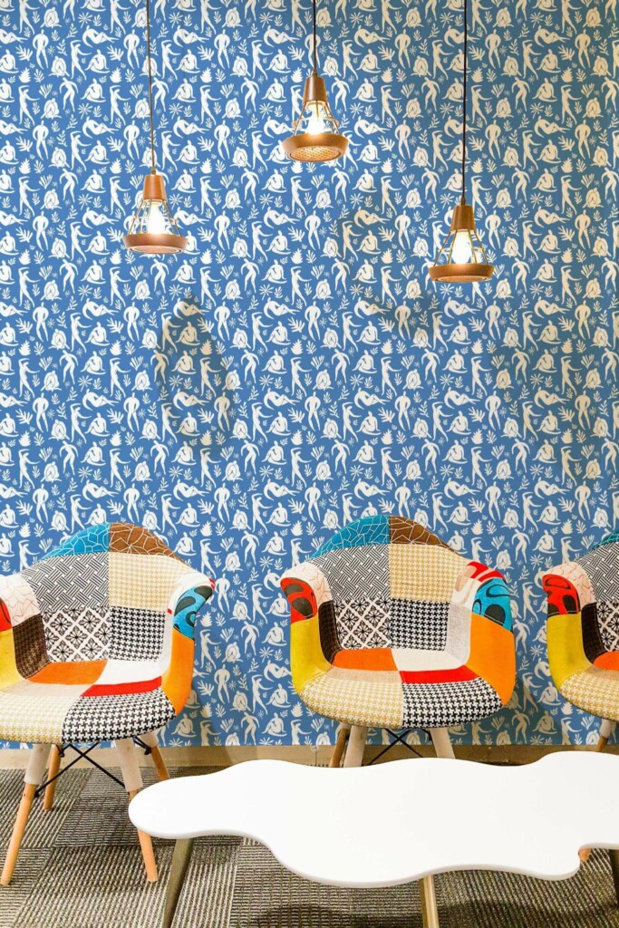 Mid-century modern style living room decorated with Blue body shape peel and stick wallpaper
