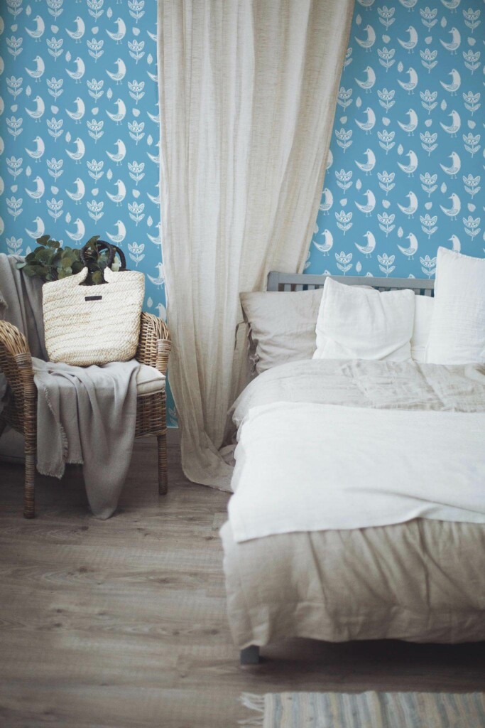 Boho style bedroom decorated with Blue boho bird peel and stick wallpaper