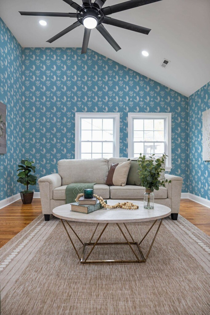 Scandinavian style living room decorated with Blue boho bird peel and stick wallpaper