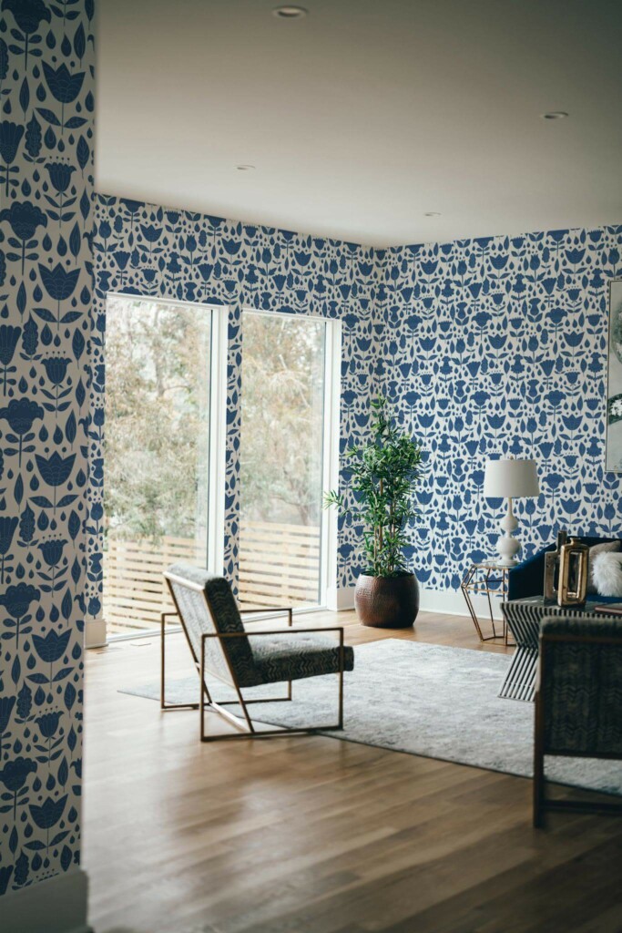 Modern style living room decorated with Blue boho floral peel and stick wallpaper