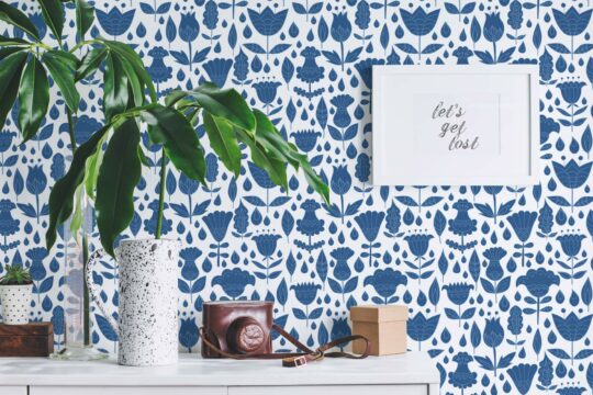 Blue and white boho floral peel and stick removable wallpaper