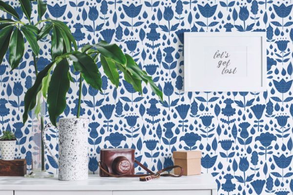 Blue and white boho floral peel and stick removable wallpaper
