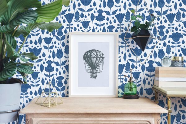 Blue and white boho floral peel and stick wallpaper