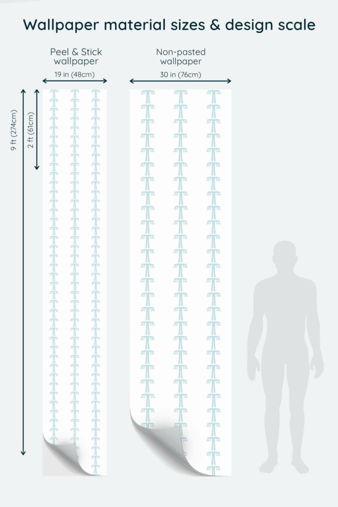 Size comparison of Blue boho Peel & Stick and Non-pasted wallpapers with design scale relative to human figure