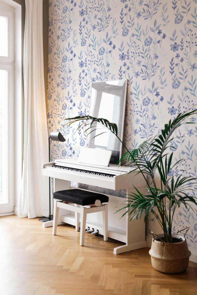 Modern style living room with a piano decorated with Blue Botanical peel and stick wallpaper