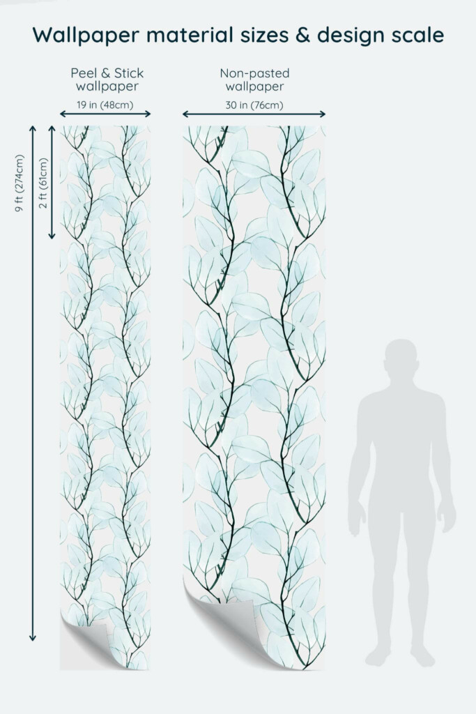 Size comparison of Blue Branch Hue Peel & Stick and Non-pasted wallpapers with design scale relative to human figure