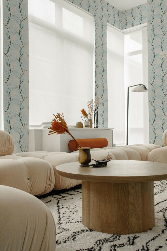 Contemporary style living room decorated with Blue branch peel and stick wallpaper