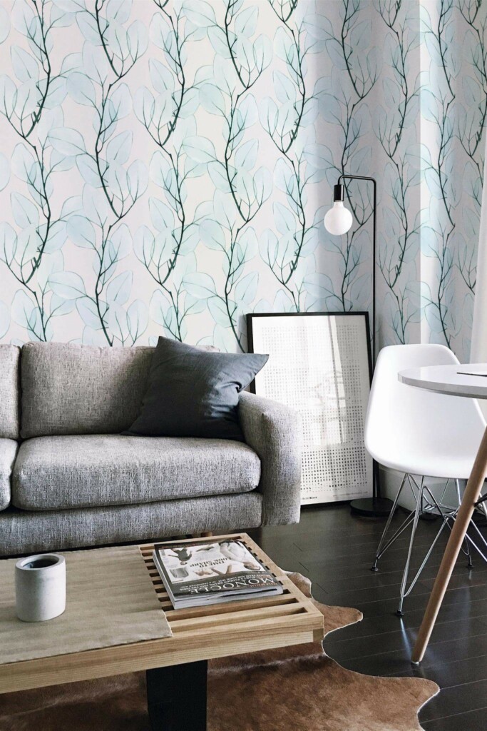 Industrial scandinavian style living room decorated with Blue branch peel and stick wallpaper