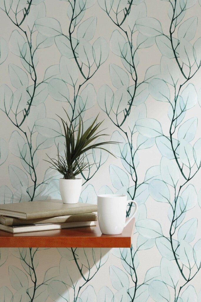 Scandinavian style accent wall decorated with Blue branch peel and stick wallpaper