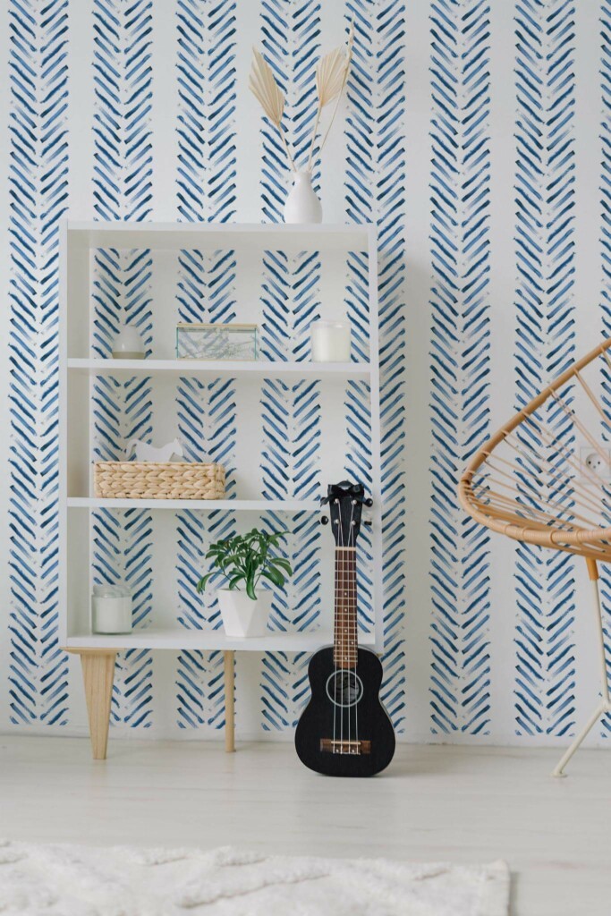Minimal boho style living room decorated with Blue brush herringbone peel and stick wallpaper