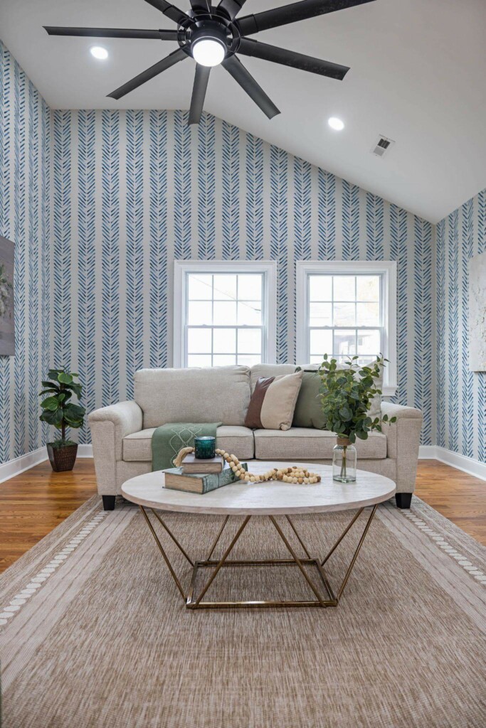 Scandinavian style living room decorated with Blue brush herringbone peel and stick wallpaper