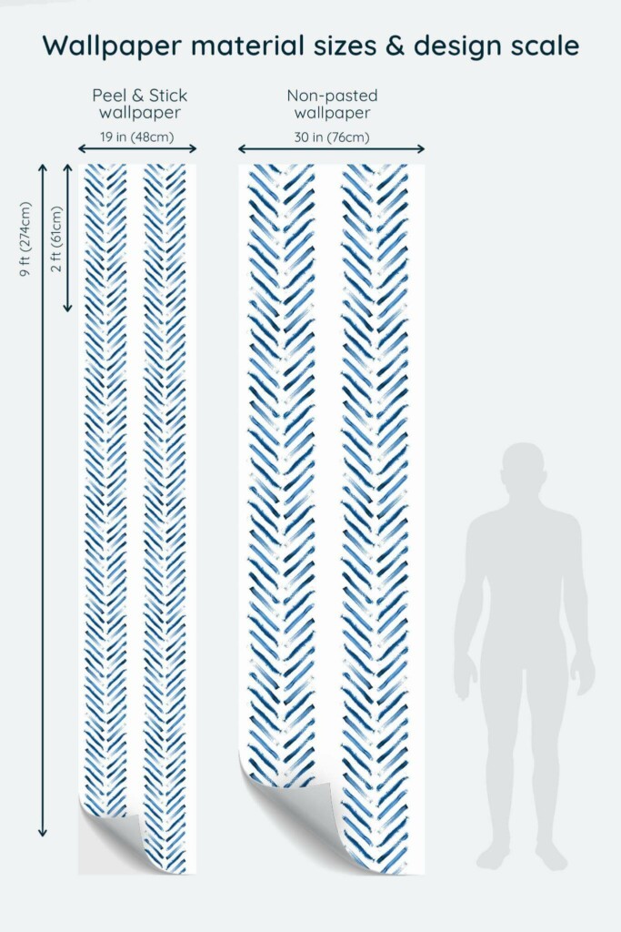 Size comparison of Blue Brushed Herringbone Peel & Stick and Non-pasted wallpapers with design scale relative to human figure