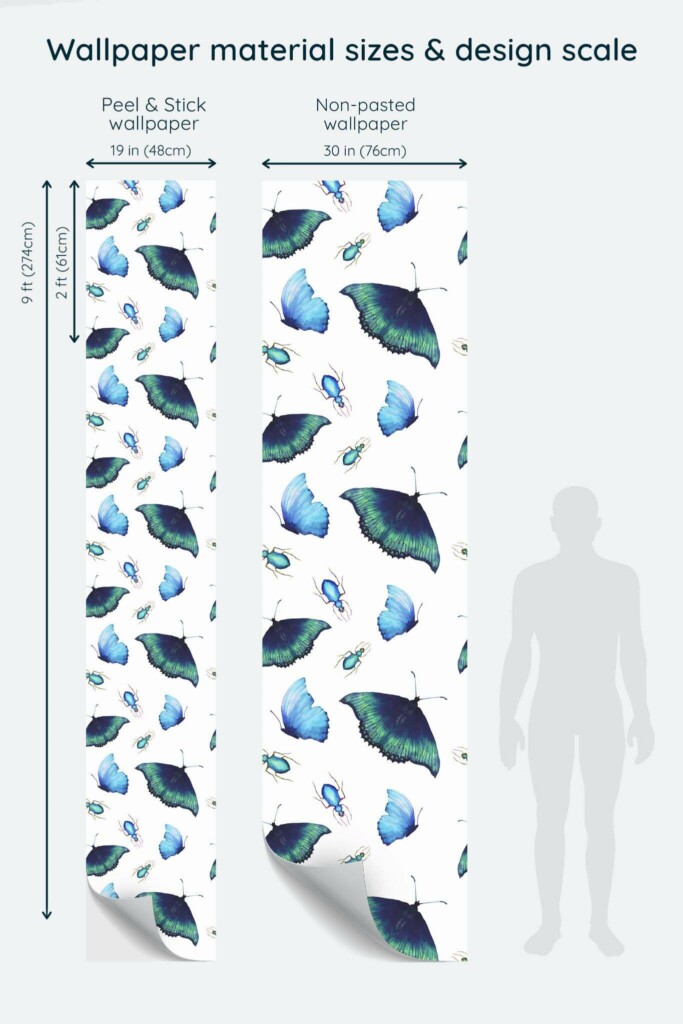 Size comparison of Blue butterfly Peel & Stick and Non-pasted wallpapers with design scale relative to human figure