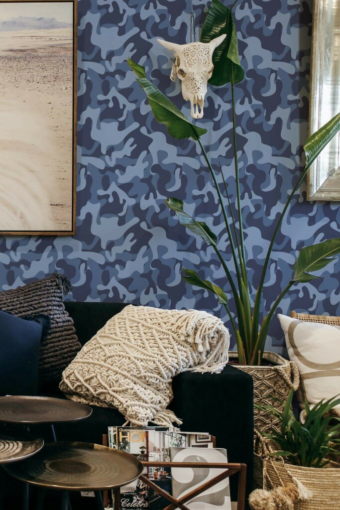 Scandinavian style living room decorated with Blue camouflage peel and stick wallpaper