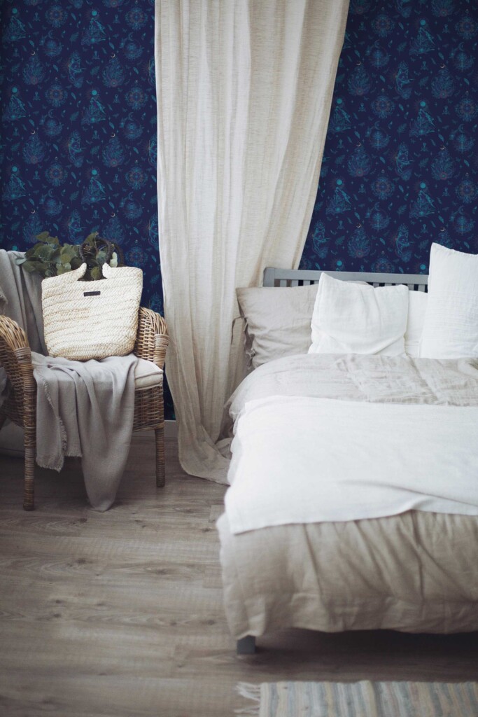 Fancy Walls removable wallpaper with blue celestial pattern and wolves for bedroom walls
