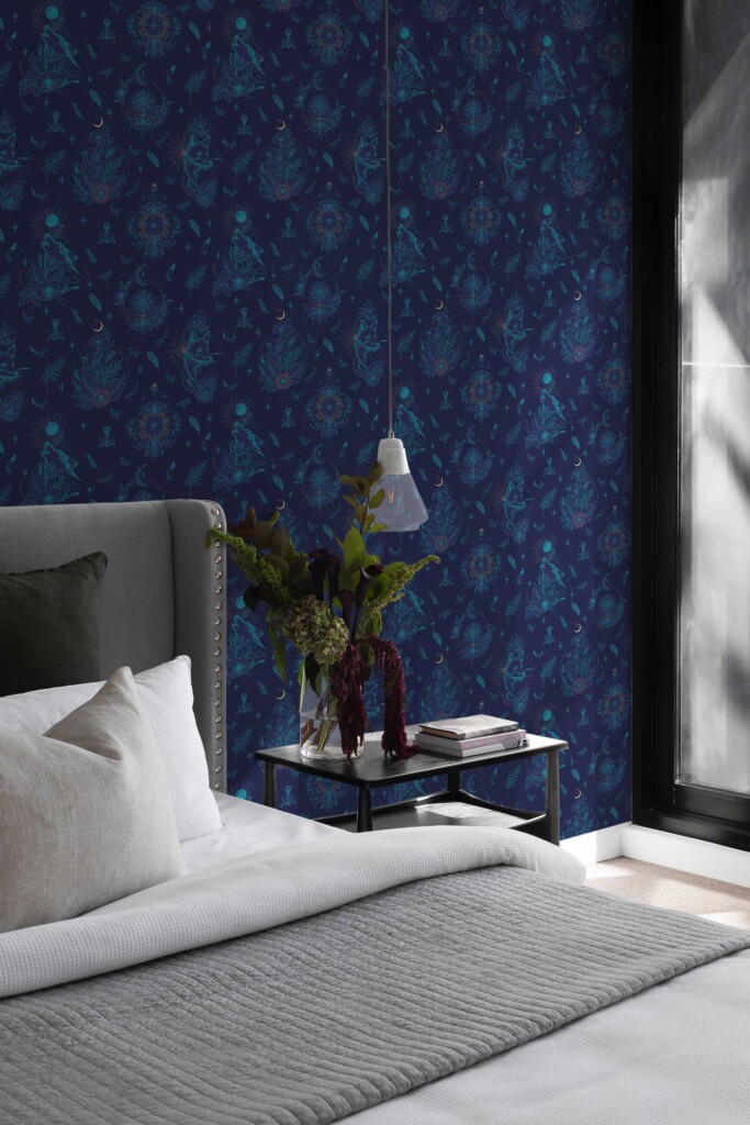 Fancy Walls self-adhesive wallpaper in blue celestial pattern for bedroom walls
