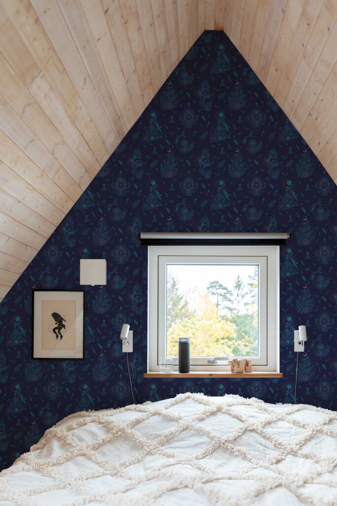 Fancy Walls peel and stick wallpaper in blue celestial pattern with wolves for bedroom walls