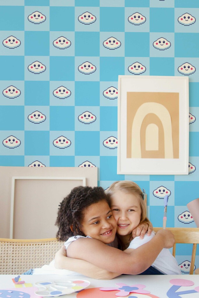 Fancy Walls Blue Check wallpaper for Kids room walls in Cute Kawaii style removable wallpaper.