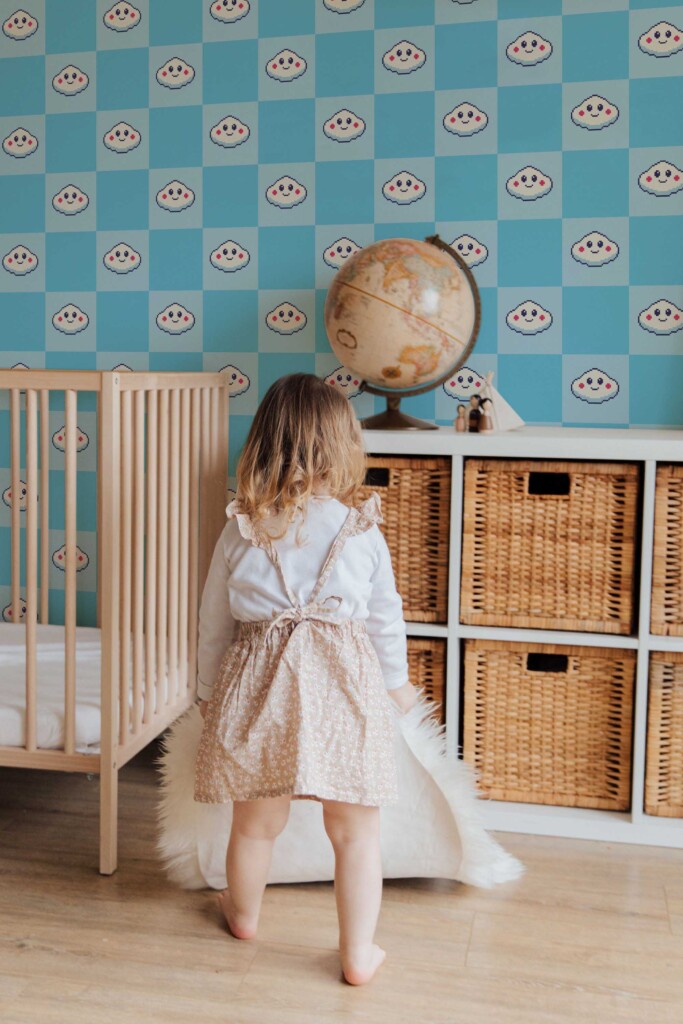 Fancy Walls Blue Check wallpaper for Kids room walls in Cute Kawaii style self-adhesive wallpaper.