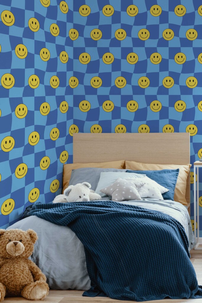 Fancy Walls Blue Check traditional wallpaper for Kids room. Happy Vibes wallpaper peel and stick or non-pasted