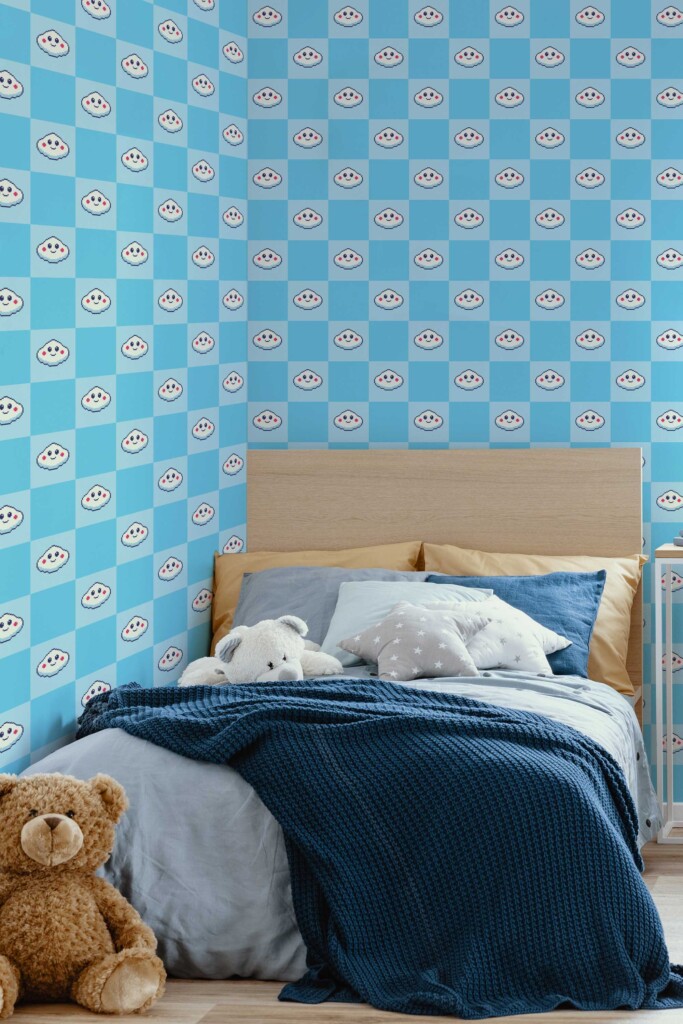 Fancy Walls Blue Check wallpaper for Kids room walls in Cute Kawaii style peel and stick wallpaper.