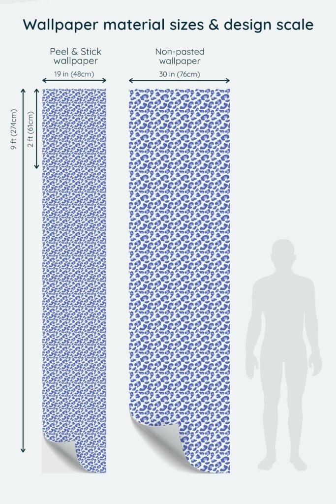 Size comparison of Blue cheetah print Peel & Stick and Non-pasted wallpapers with design scale relative to human figure