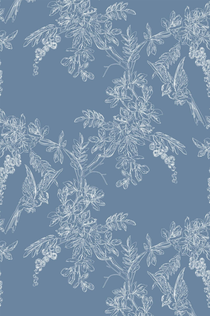 Pattern repeat of Blue cherry blossom removable wallpaper design