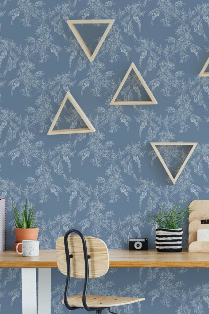 Scandinavian style home office decorated with Blue cherry blossom peel and stick wallpaper