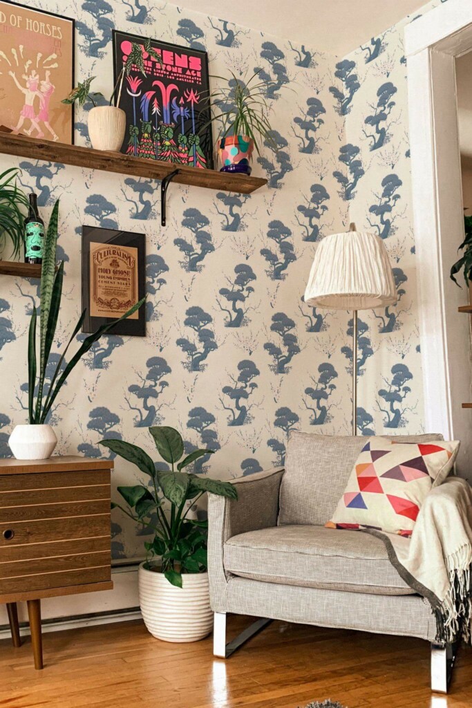 Eclectic style living room decorated with Blue cherry tree peel and stick wallpaper
