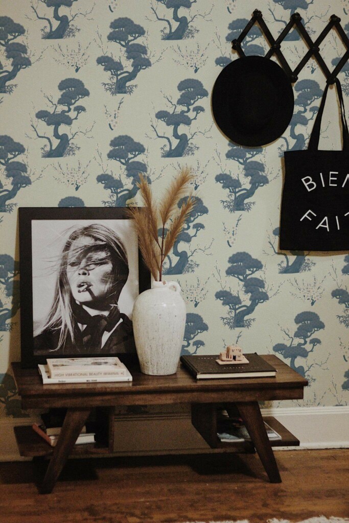 Rustic farmhouse style entryway decorated with Blue cherry tree peel and stick wallpaper