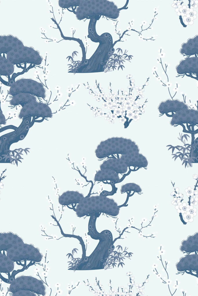 Pattern repeat of Blue cherry trees removable wallpaper design