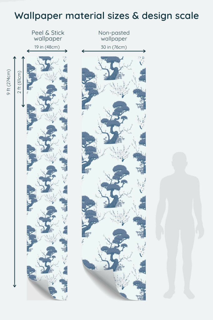 Size comparison of Blue cherry trees Peel & Stick and Non-pasted wallpapers with design scale relative to human figure