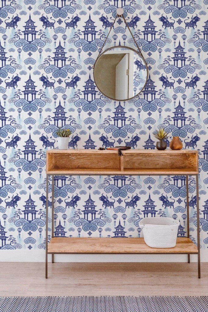 Contemporary style entryway decorated with Blue china peel and stick wallpaper