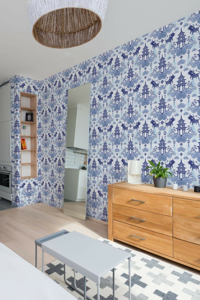 Scandinavian style small apartment decorated with Blue china peel and stick wallpaper
