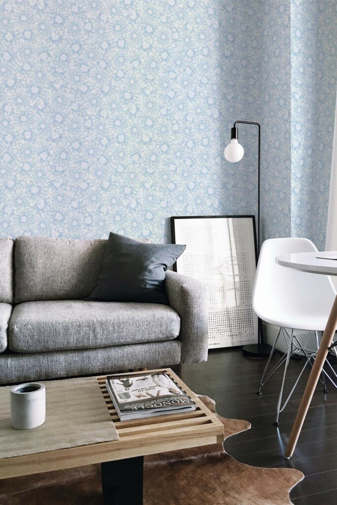 Industrial scandinavian style living room decorated with Blue chrysanthemum peel and stick wallpaper