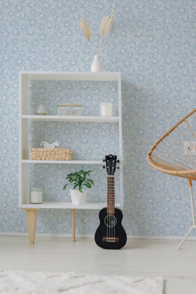 Minimal boho style living room decorated with Blue chrysanthemum peel and stick wallpaper