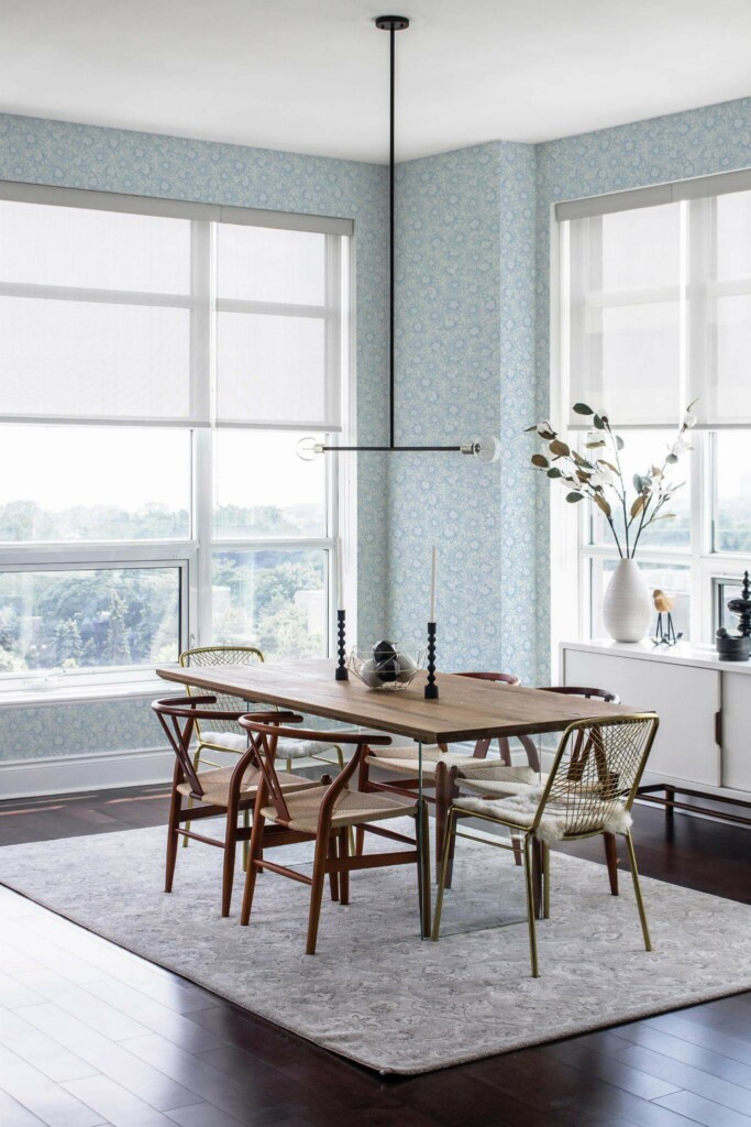 Modern minimalist style dining room decorated with Blue chrysanthemum peel and stick wallpaper
