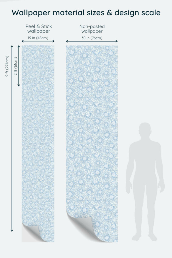 Size comparison of Blue chrysanthemum Peel & Stick and Non-pasted wallpapers with design scale relative to human figure