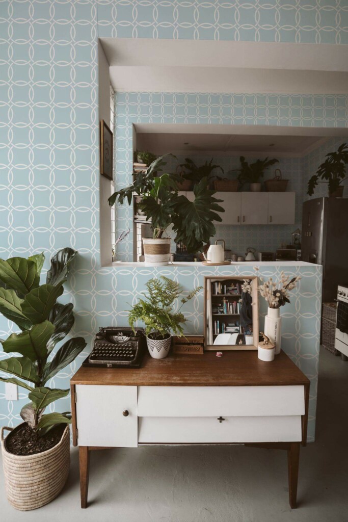 Boho style living room and kitchen decorated with Blue circle pattern peel and stick wallpaper and green plants