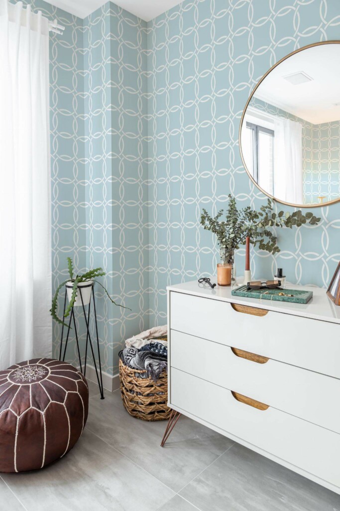 Minimal Mediterranean style powder room decorated with Blue circle pattern peel and stick wallpaper