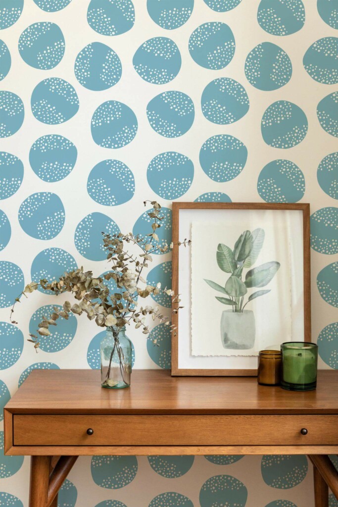 Mid-century modern style living room decorated with Blue circle peel and stick wallpaper
