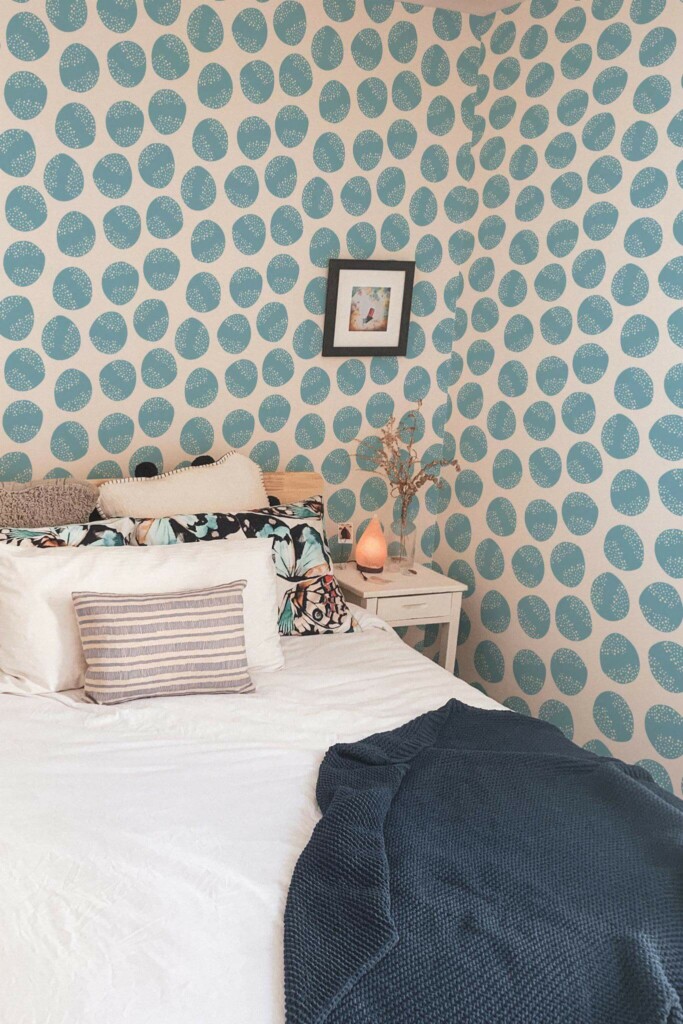 Minimal boho style bedroom decorated with Blue circle peel and stick wallpaper