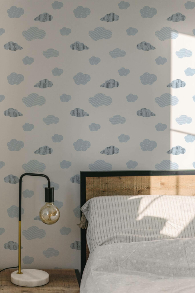 Minimal modern style bedroom decorated with Blue cloud peel and stick wallpaper