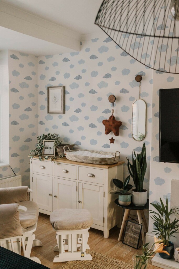 Neutral style nursery decorated with Blue cloud peel and stick wallpaper