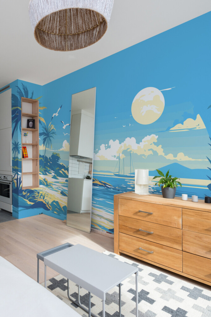 Removable wall mural for game rooms in blue coastal theme by Fancy Walls.