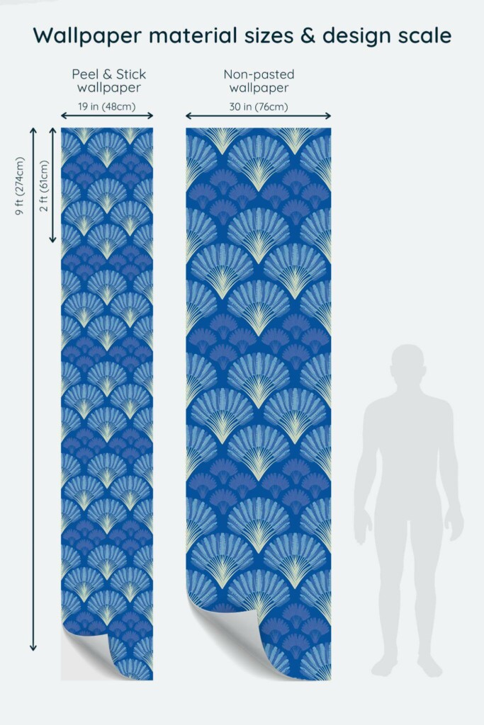 Size comparison of Blue Coastline Peel & Stick and Non-pasted wallpapers with design scale relative to human figure