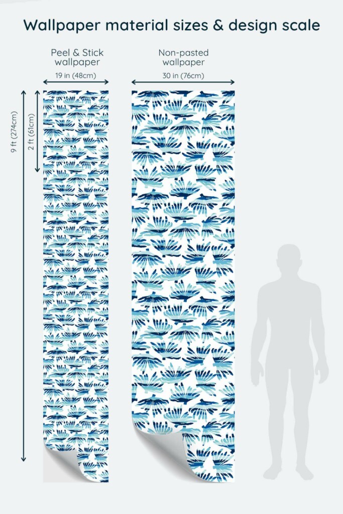Size comparison of Blue coral Peel & Stick and Non-pasted wallpapers with design scale relative to human figure