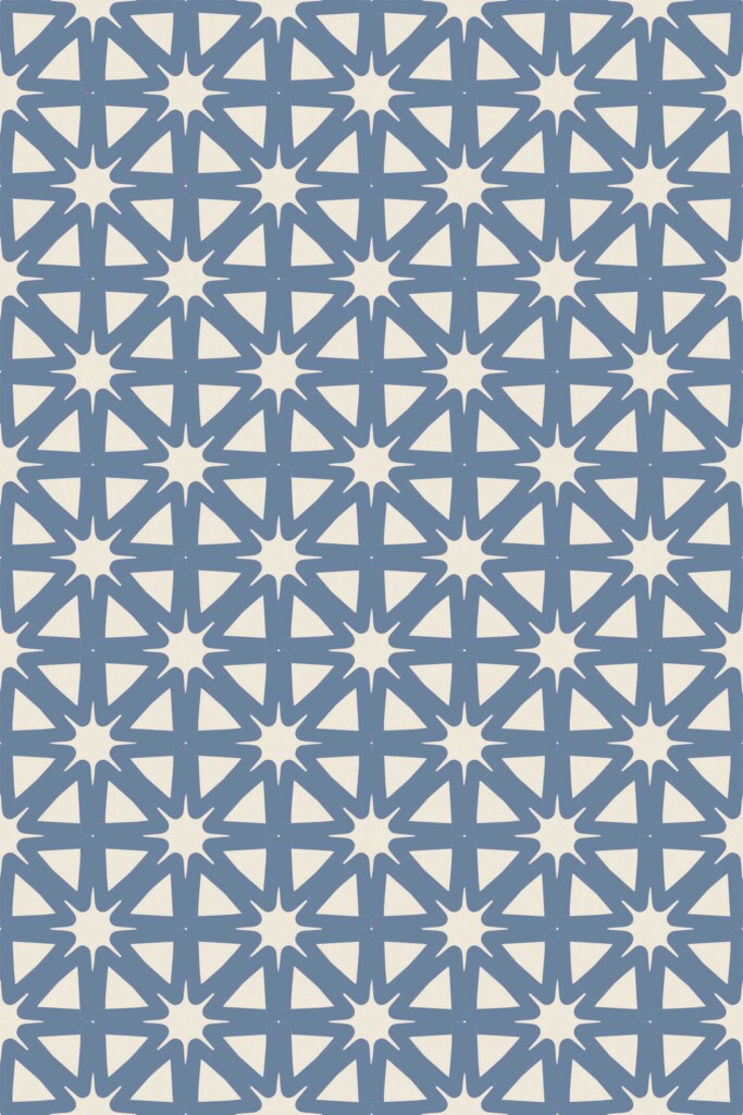 A close-up of the French Country Starburst wallpaper showing the detailed blue and cream starburst tile design. The geometric star motifs create a vintage French kitchen look. Fancy Walls peel and stick or non-pasted wallpaper brings handmade charm to walls.