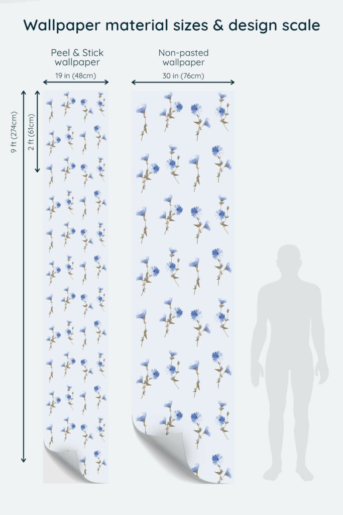 Size comparison of Blue daisy Peel & Stick and Non-pasted wallpapers with design scale relative to human figure